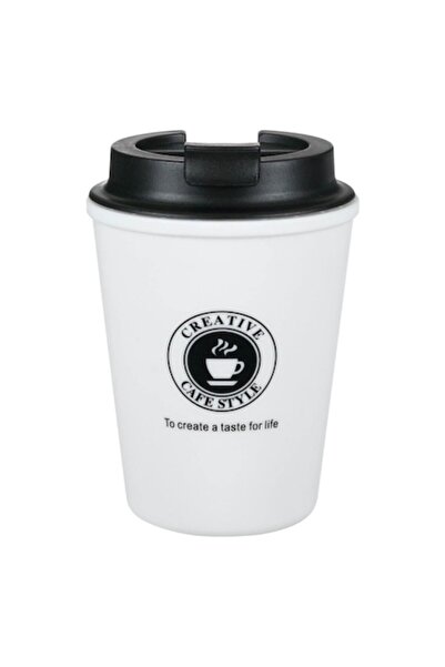 SHOPIENS Pahar de plastic Creative Cafe Style, 300 ml, alb/negru, capac cu filet