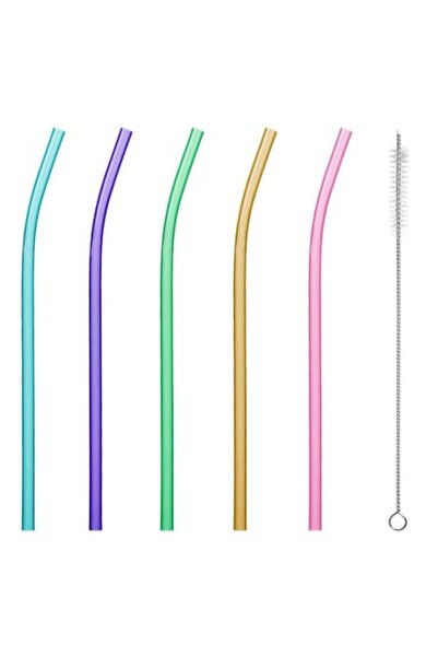 ANTBRO Reusable Plastic Straws, Multicolor, 10 Pieces, Curved Design, Cleaning Brush Included