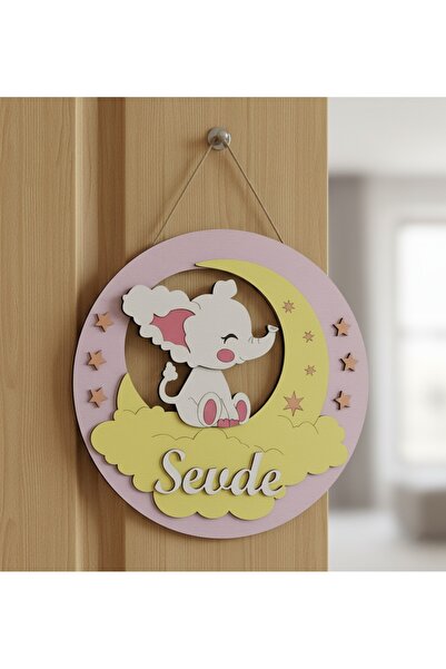 İsme Özel Fil ve Ay Detaylı Ahşap Bebek Kapı Süsü