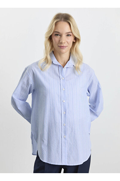 Selen Polo Yaka Çizgili Mavi Kadın Bluz 25KSL8207