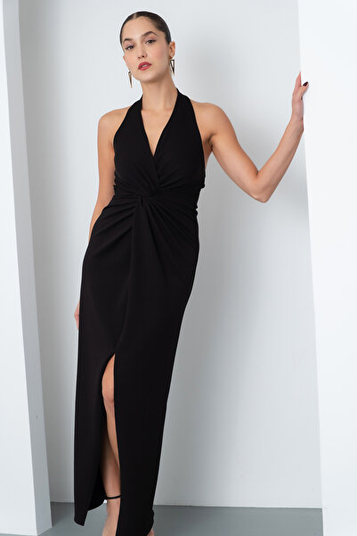 Lafaba Kadın Siyah Halter Yaka Düğüm Detaylı Uzun Elbise