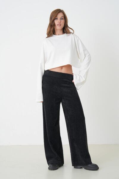 minaaise Women's Black Plush Fabric Knitwear Pantalon 5245