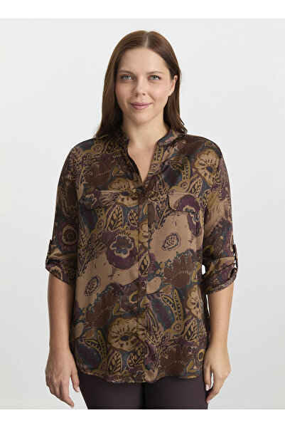 Selen Hakim Yaka Çiçek Desenli Kahve Kadın Bluz 25KSL8205