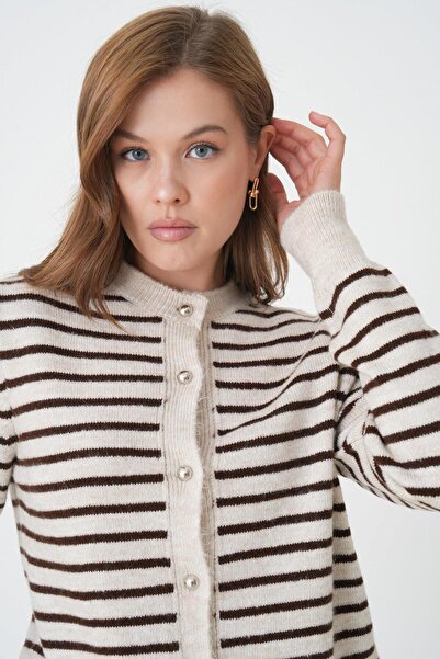 minaaise Women's Brown Striped Knitwear Cardigan with Button Detail 30036