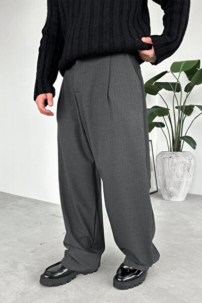 HAFKAGİYİM Anthracite Striped Premium Fabric Pants with Elastic Waist