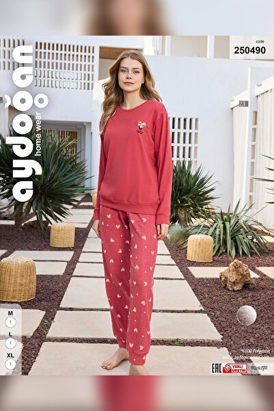 Aydoğan Women's Asian Thermal Heart-Shaped Pomegranate Flower Pajama Set 0490