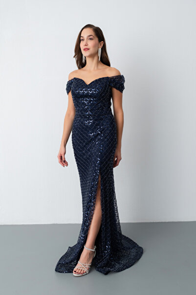 Lafaba Kadın Lacivert Madonna Yaka Boncuklu Uzun Balık Abiye Elbise