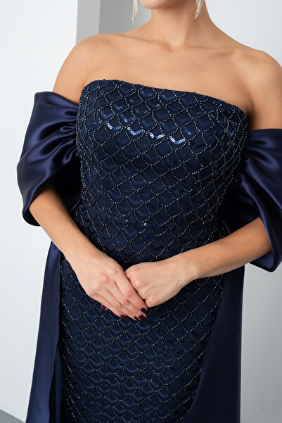 Lafaba Women's Navy Blue Strapless Beaded Satin Sweep Train Long Evening Dress