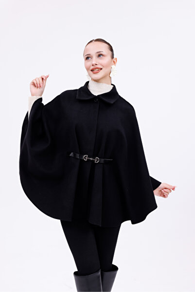 SKYMOOD Women's Belted Cashmere Poncho Black New