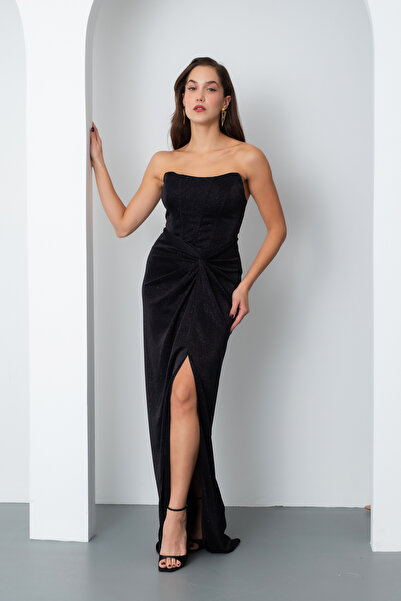 Lafaba Women's Black Strapless Glitter Knitted Evening Dress