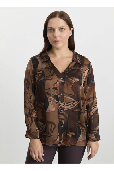 Selen Polo Yaka Emprime Kahve Kadın Bluz 25KSL8200