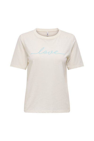 ONLY O Yaka Baskılı Kırık Beyaz Kadın T-Shirt ONLABELONE S/S WORD TOP BOX JRS