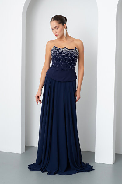Lafaba Жіноче синє без бретелей з камінням довге вечірнє плаття з тюлю