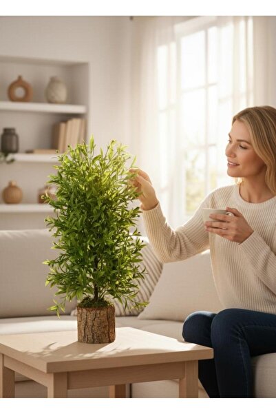 Nettenevime Yapay Çiçek Kütük Saksıda Plastik Zeytin Dallı Yeşil Ağaç 48cm