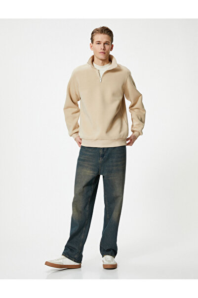 Koton Φούτερ με μισό φερμουάρ Basic ψηλός λαιμός με μακρυμάνικο μανίκι επένδυση fleece