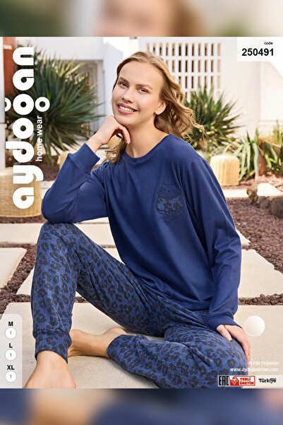 Aydoğan Women's Asian Thermal Leopard Navy Blue Pajama Set 0491