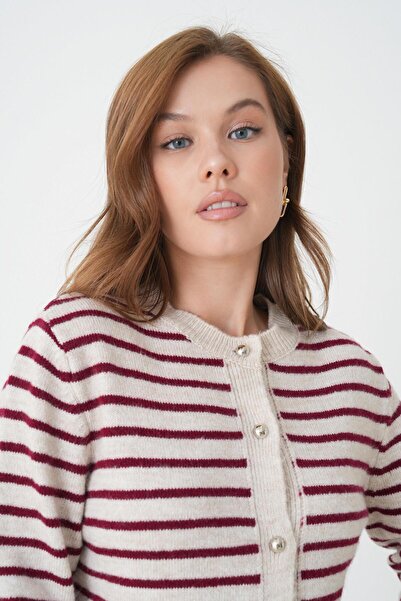 minaaise Women's Burgundy Striped Knitwear Cardigan with Button Detail 30036