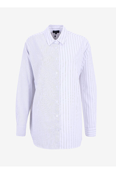 Fabrika Loose Fit Gömlek Yaka Çizgili Beyaz - Siyah Kadın Gömlek F5WL-GML0388