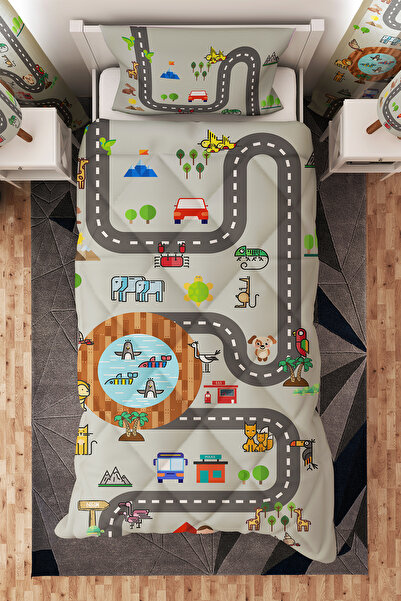 BelezaHome Gri Yol Araba Desenli Tek Kişilik Çocuk Yorganı Uyku Seti