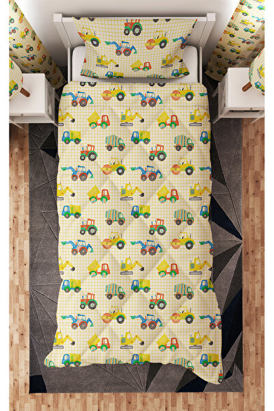 BelezaHome Sarı Ekose İnşaat Makineleri Desenli Tek Kişilik Çocuk Yorganı Uyk...