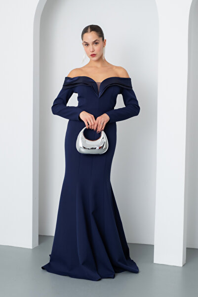 Lafaba Жіноче темно-синє плаття з довгим рукавом і човниковим коміром