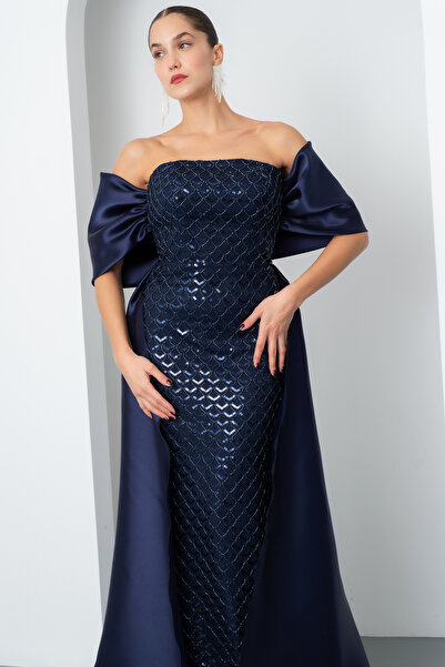 Lafaba Women's Navy Blue Strapless Beaded Satin Sweep Train Long Evening Dress