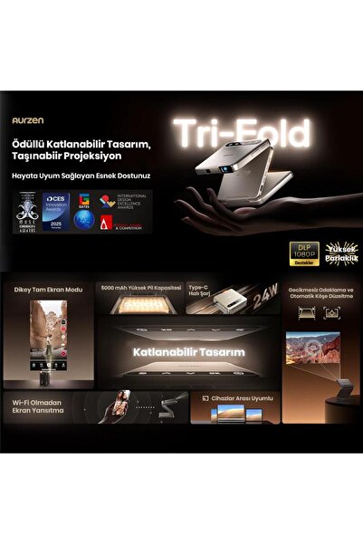 Vankyo Aurzen ZIP Katlanabilir DLP 1080P Destekli Bataryalı Projeksiyon Cihazı +Auto Focus+Auto Keys