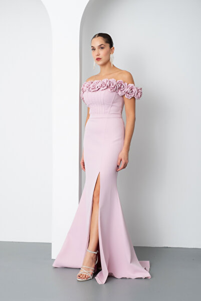 Lafaba Kadın Pudra Çiçek Detay Yırtmaçlı Uzun Abiye Elbise