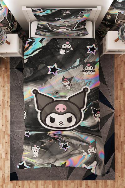 BelezaHome Siyah Gri Kuromi Desenli Tek Kişilik Çocuk Yorganı Uyku Seti