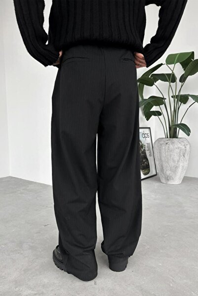 HAFKAGİYİM Siyah Çizgili Beli Lastikli Premium Kumaş Pantolon