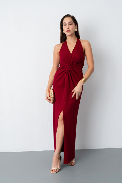 Lafaba Kadın Bordo Halter Yaka Düğüm Detaylı Uzun Elbise