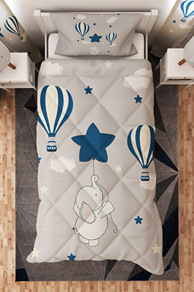 BelezaHome Gri Mavi Gökyüzü Uçan Fil Desenli Tek Kişilik Çocuk Yorganı Uyku Seti