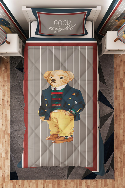 BelezaHome Fares Ayı Desenli Tek Kişilik Çocuk Yorganı Uyku Seti