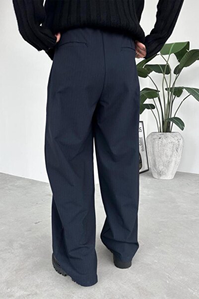 HAFKAGİYİM Navy Blue Striped Premium Fabric Pants with Elastic Waist