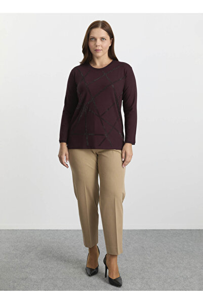 Selen Bisiklet Yaka Taşlı Bordo Kadın Bluz 25KSL8211