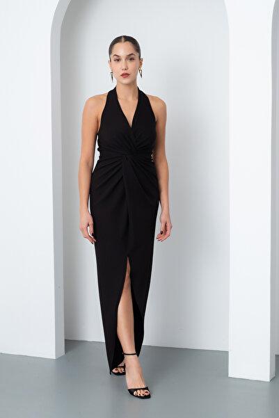 Lafaba Kadın Siyah Halter Yaka Düğüm Detaylı Uzun Elbise