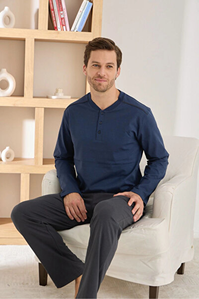 Pijamoni Men's Regular Fit Buttoned Collar Navy Blue Pajama Set