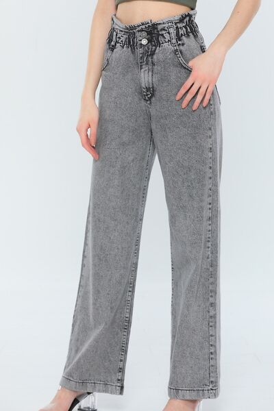 MAKRAS EXCLUSIVE A141786 Anthracite Elastic Waist Lycra High Waist Loose Wide Leg Jeans Drawstring