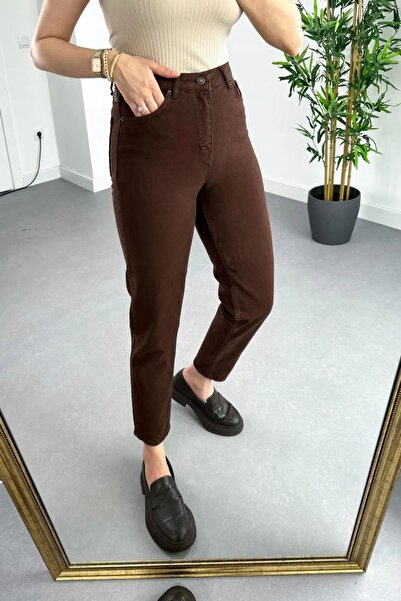 MAKRAS EXCLUSIVE A176379 Women's Brown Super High Waist Comfort Lycra Mom Jeans Pantalon Jeans Slim Fit Trousers