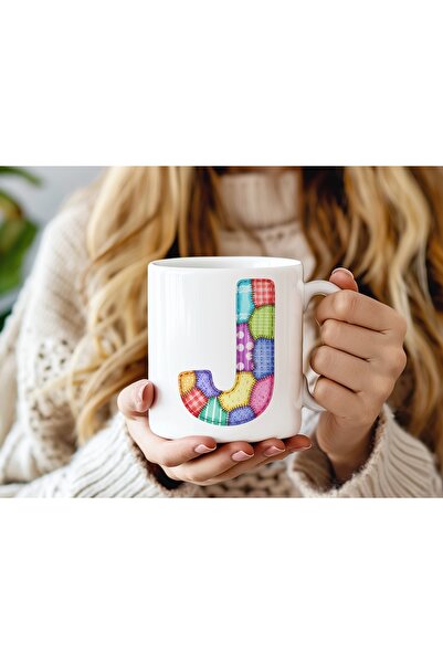 Beramussa Letter J Colored Patchwork Design Mug - Bohemian Patchwork Patterne...