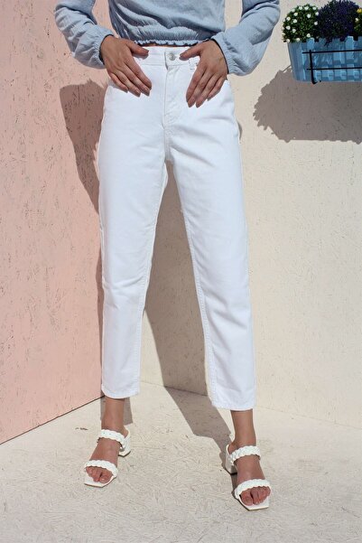 MAKRAS EXCLUSIVE A141954 Λευκό Mom Fit Jean Τζιν ψηλόμεσο τζιν παντελόνι με στενό πόδι