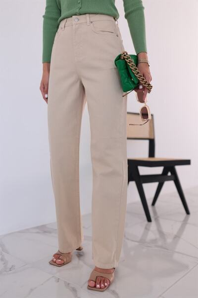 MAKRAS EXCLUSIVE A178907 Μπεζ τζιν ψηλόμεσο τζιν παντελόνι boyfriend με φαρδιά φτέρνα