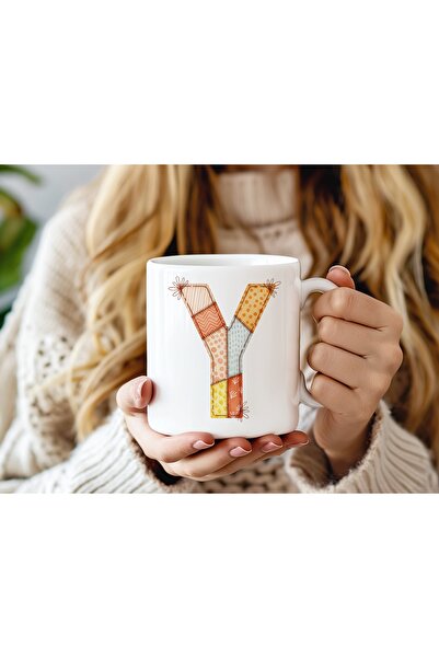 Beramussa Letter Y Colored Patchwork Design Mug - Bohemian Patchwork Patterne...