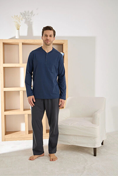Pijamoni Men's Regular Fit Buttoned Collar Navy Blue Pajama Set