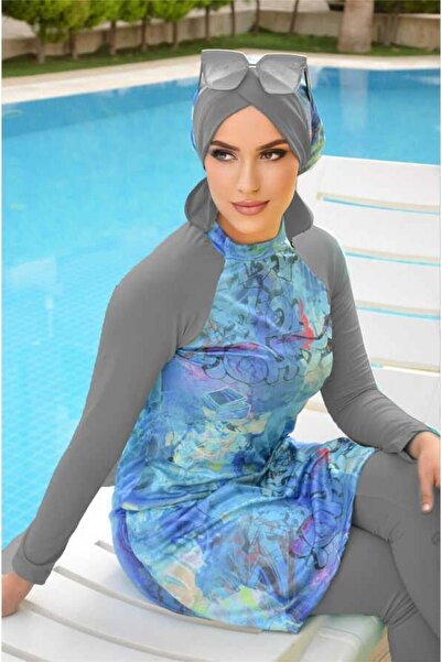 Aişe tesettür Füme Turkuaz Tesettür Mayo Takım