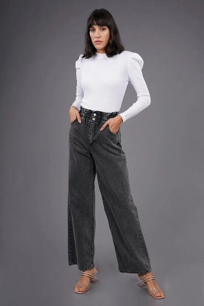 MAKRAS EXCLUSIVE A156003 Belted Gathered Lycra High Waist Loose Jeans Wide Leg Jeans Elastic Waist Boyfriend Jeans