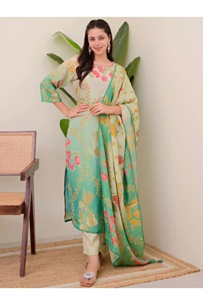 MYSMAR سالوار قميص ودوباتا من حرير الفيسكوز الأخضر - HRT3436 | أخضر