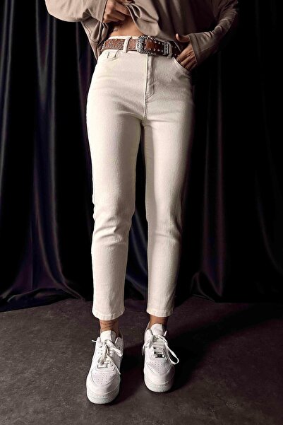 MAKRAS EXCLUSIVE A149268 Γυναικείο τζιν παντελόνι με ψηλή μέση, εκρού τζιν, τζιν με στενό πόδι