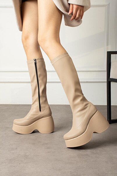 ShoeTek Elsje Kadın Çizme Platform Dolgu Topuklu Streçli Nude Deri