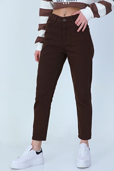 MAKRAS EXCLUSIVE A153641 Women's Mom Fit Jean Brown High Waist Jeans Skinny Leg Denim Pants